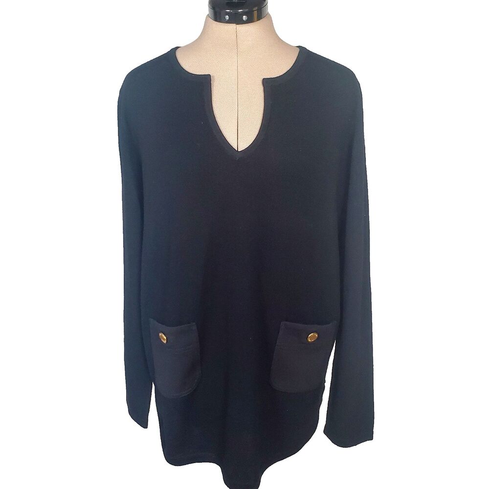 Tory Burch Women's Sweater XL Black Wool Cashmere Blend V Neck Gold Button